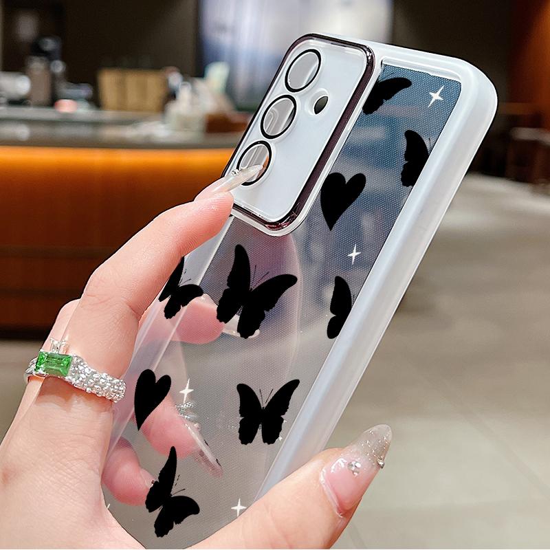 Прозрачный силиконовый чехол для телефона с принтом сердечек и бабочек для Samsung S24 Ultra S23 S22 S21 S20 FE A54 A34, противоударный защитный мягкий бампер для объектива