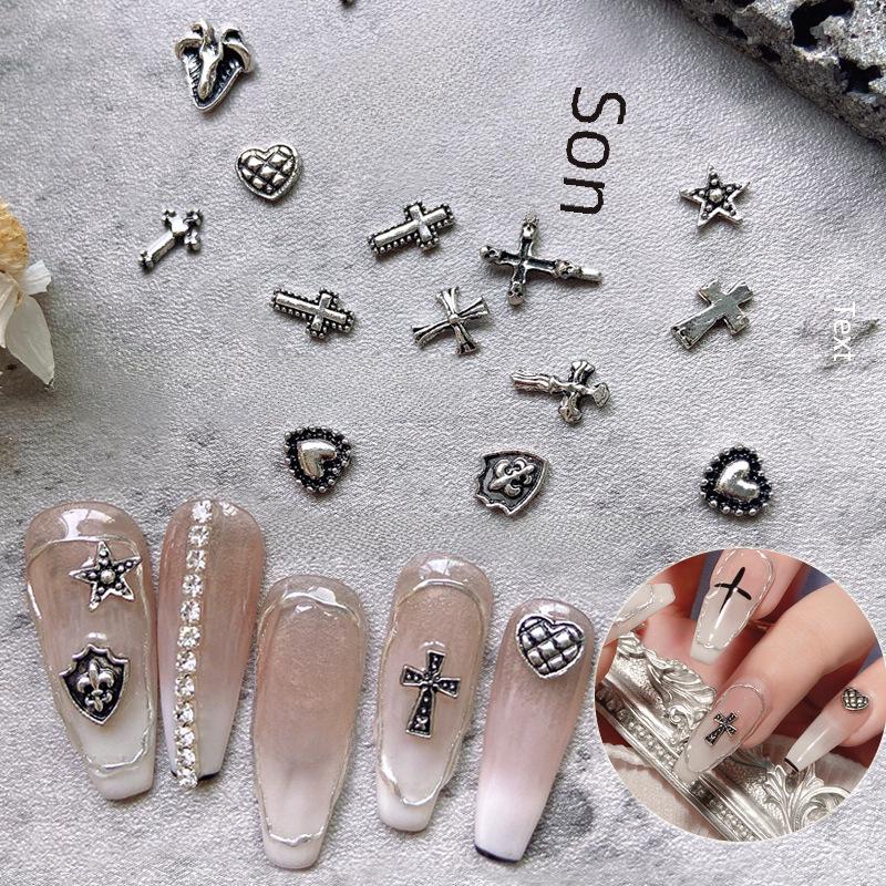 Chrome Heart Cross & Diamond Nail Art Jewelry - Retro Punk Style Accessories