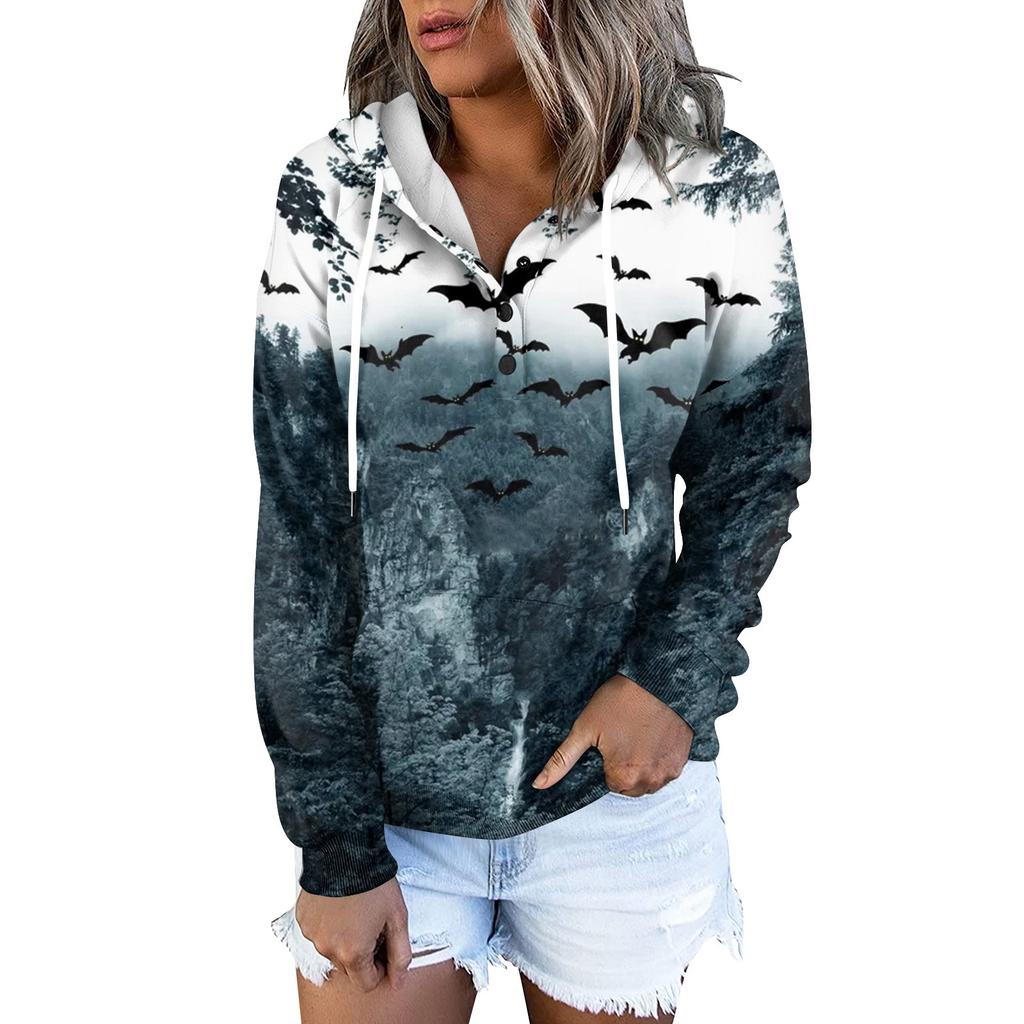 Women's Fashion Slim Fit Long Sleeve Halloween Print Hooded Sweatshirt Top
