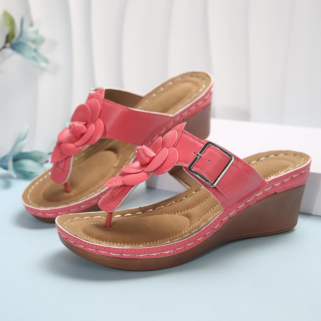 Новое поступление, лето 2024, женские тапочки на танкетке с цветочным принтом, повседневные удобные босоножки на каблуке Sandalia Feminina