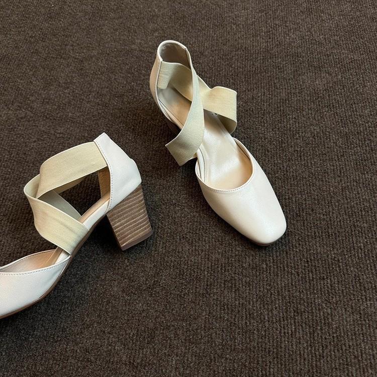 New Retro Versatile Ballet High Heels Children Thick Heel Cross Belt Hollow Casual Bag Head Sandals