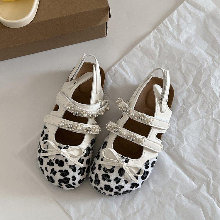 Blue Ballet Shoes for Women's Summer Wear 2025 Summer Super Fire Ugly Cute Sweet Sister Pearl Leopard Print Mary Jane Boken Sandals