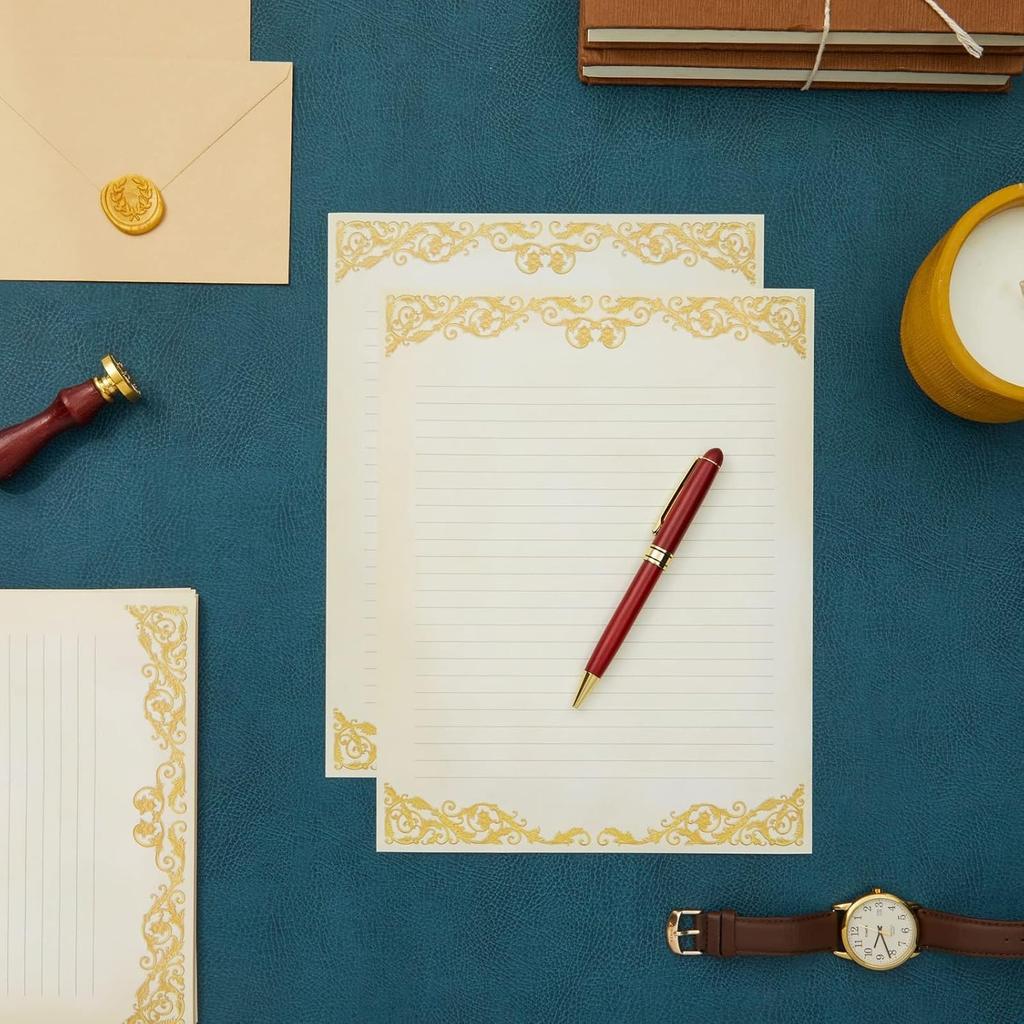 Pipilo Press Letter Writing Paper Set - 48 Sheets, 8.5 x 11 In, Ivory - Vintage Lined Stationery with Gold Border for Decorative & Fancy Handwritten