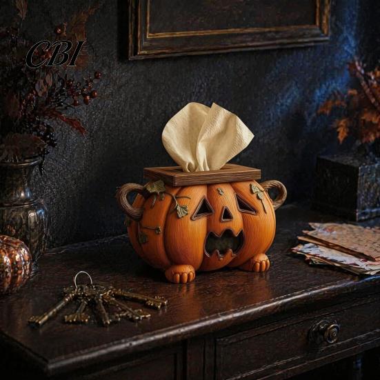 Functional Holiday Decor Halloween Pumpkin Tissue Box, Resin Decorative Facial Dispenser, Table Creative Paper Towel Holder for Kitchen Counter Party