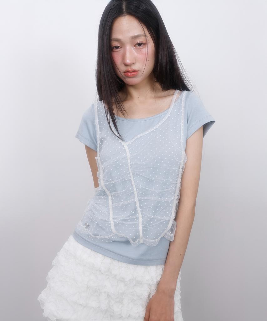 LMR Two-Way Lace Shirred Layered Short Sleeve T-Shirt Sky Blue / White