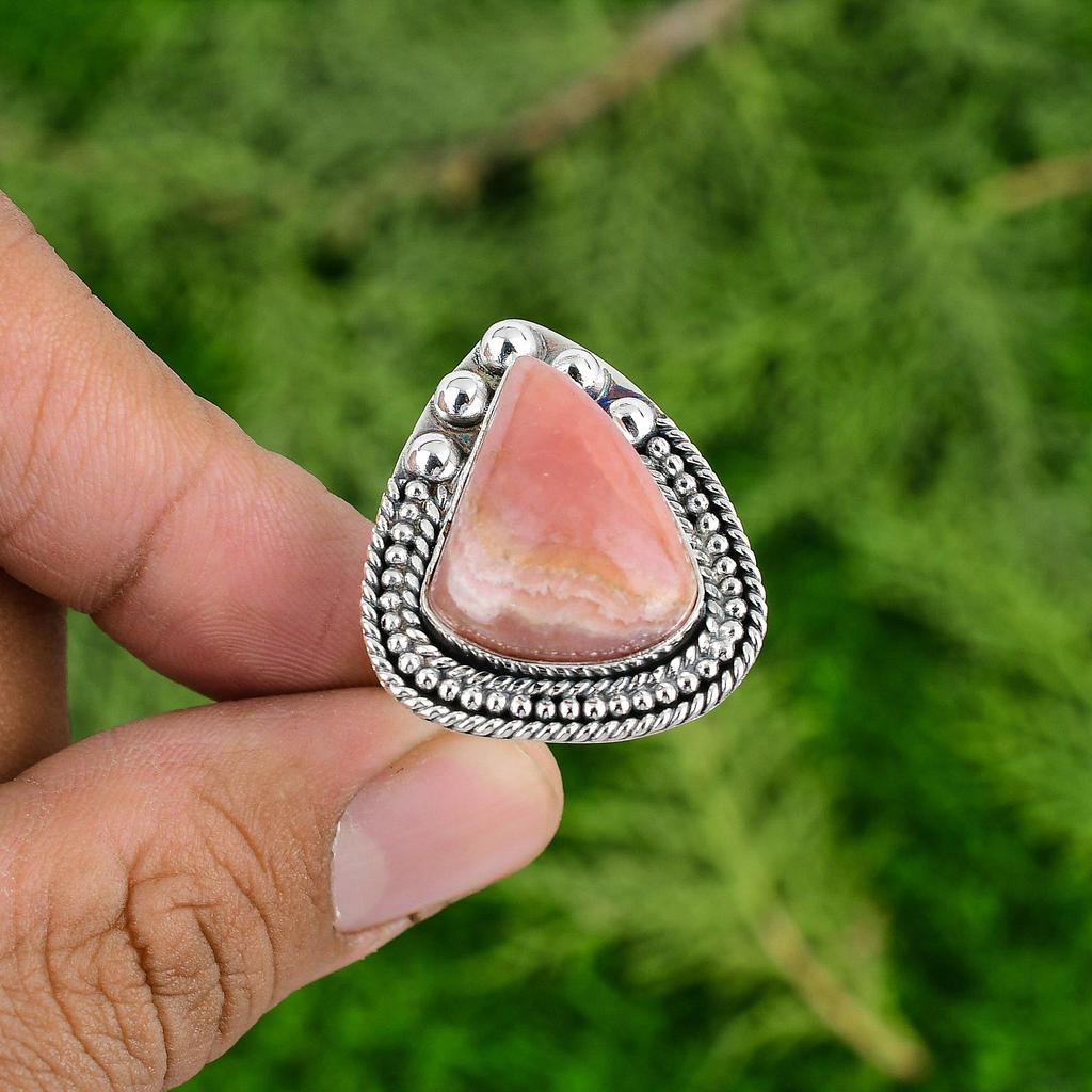 Natural Rhodochrosite Gemstone Stackable Adjustable Ring 925 Silver For Girls