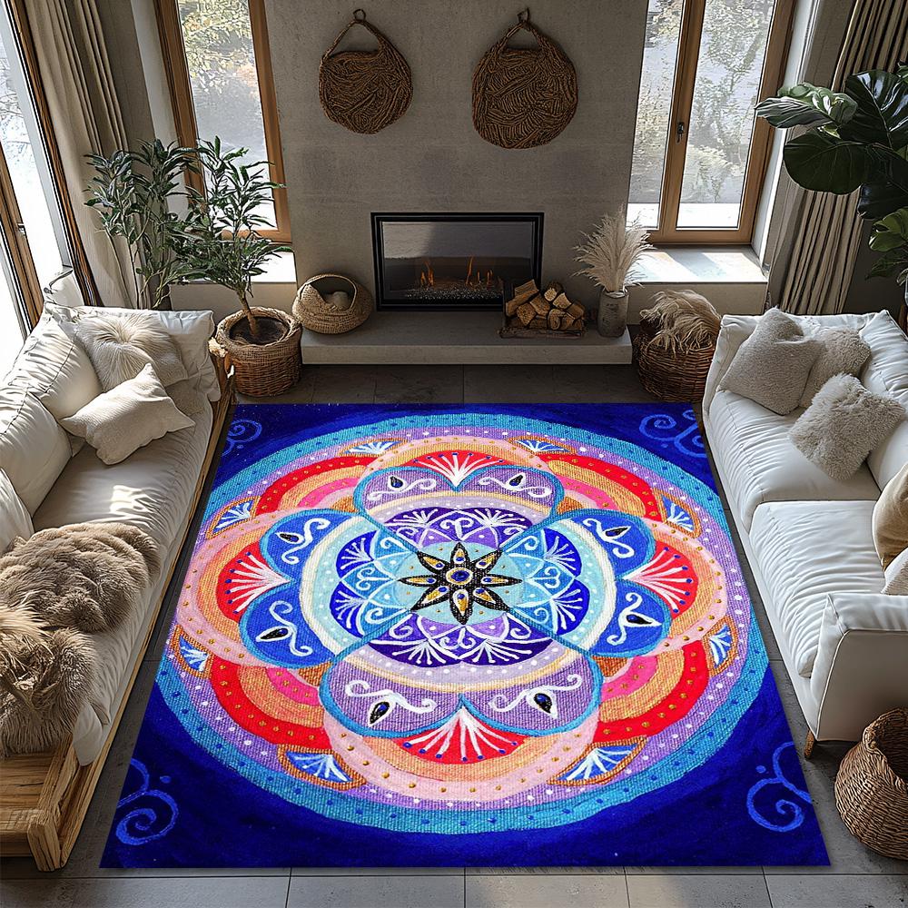 Bohemian Area Rug Mandala Carpet Meditative Floor Mat Spiritual Home Decor Yoga Room Accent Peaceful Living Unique Design Non-Sl