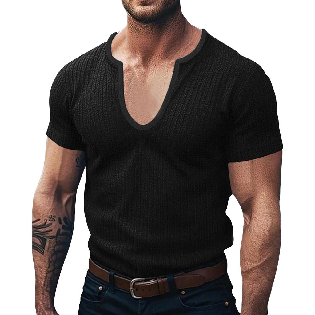 Men's Summer V-neck Striped Knitted Short-sleeved Tops Men's Casual Short-sleeved Tops