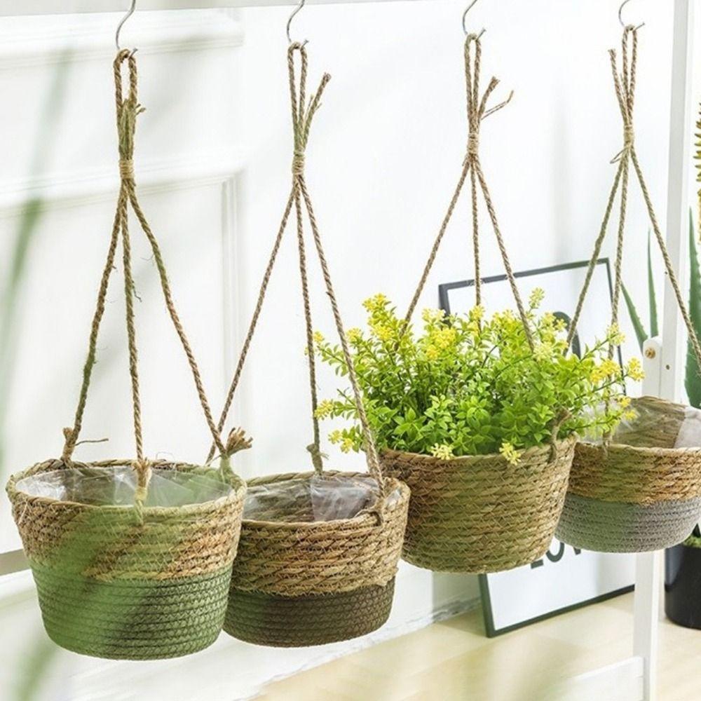 Durable Handwoven Straw Hanging Basket Decorative Waterproof Woven Flower Basket Handmade Plant Storage Basket Garden