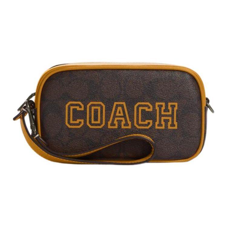 Coach Джейми 18 Классическая Сумка-Клатч с Принтом Монограмма, Двойной Карман для Карт, Застежка-Молния, Без Плечевого Ремешка, Маленькая Женская Сумка, Коричнево-Золотой CB851-QBUOD