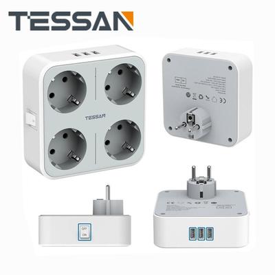 Tessan Дорожный адаптер с европейской вилкой, настенная USB-розетка с переключателем включения/выключения, 4 розетки европейского стандарта, 3 порта USB, зарядное устройство 7 в 1 для дома