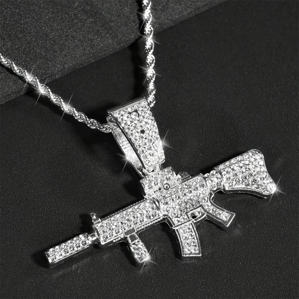 Модная хип-хоп подвеска-ожерелье в виде автомата АК-47 для мужчин, с кристаллами, кубинская цепь, ожерелье с бриллиантовой огранкой, панк-рок, байкерская бижутерия