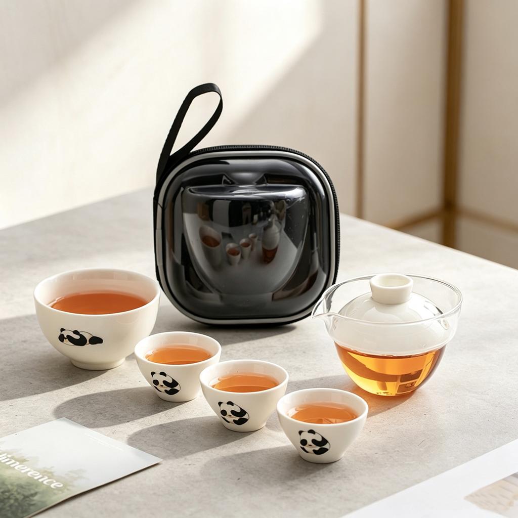 Suet jade porcelain travel tea set portable one-person drink panda express cup business trip outdoor camping small gift