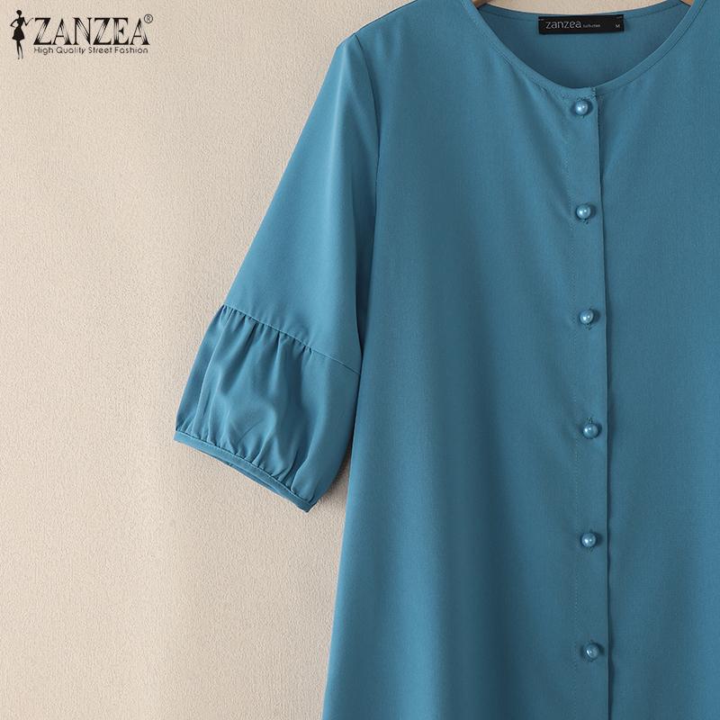 ZANZEA Women Casual Round Neck Solid Color 3/4 Sleeve Loose Dress