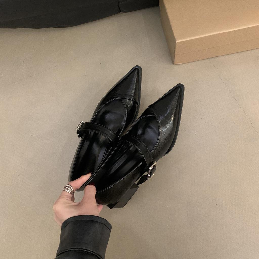 Французские туфли Мэри Джейн на среднем каблуке, черные, кожаные, женские туфли 2024 года, новые весенне-осенние белые туфли с острым носком