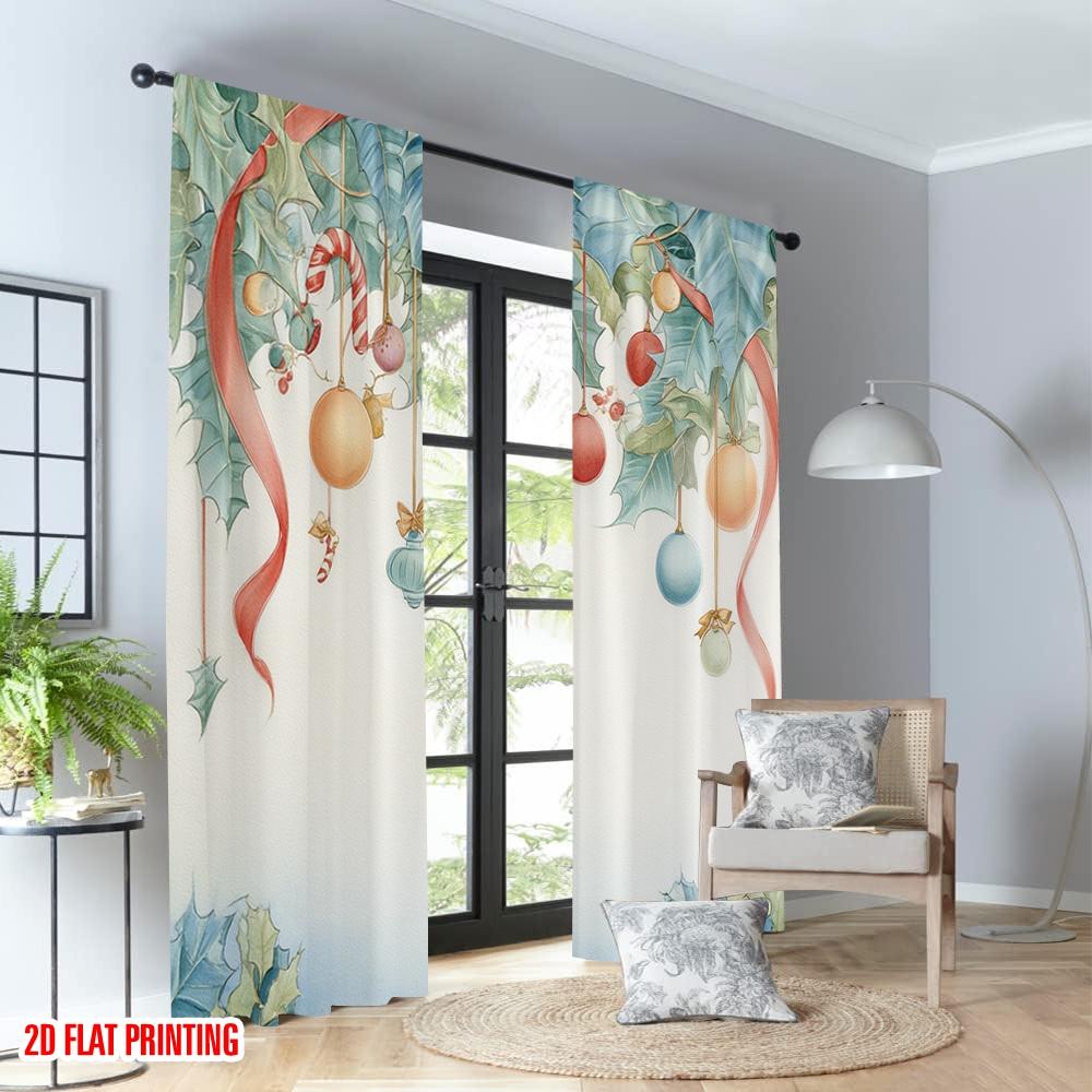 2pcs 2D flat printing Merry Christmas Curtains Christmas Holly Garland Ornaments Digital Printed Polyester Drapes Festive