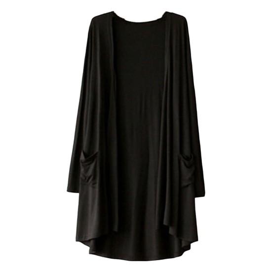 Весенне-осеннее женское пальто, свободное, средней длины, однотонное, с длинными рукавами, тонкое, с карманами, с открытой строчкой