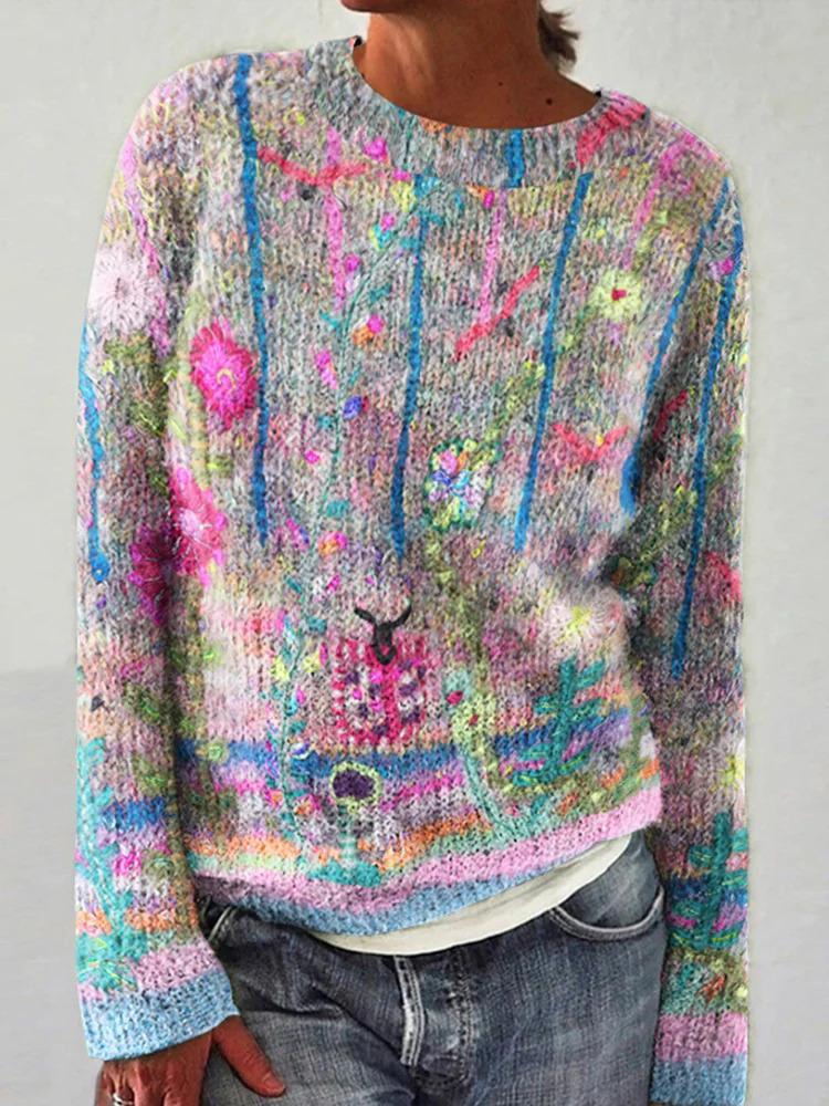 Women's Multicolor Striped Long Sleeve Round Neck Regular Fit Knit Sweater