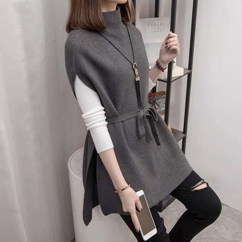 Half Turtleneck Knitted Vest Mid-length Women's Waistcoat Loose Sweater Pullover