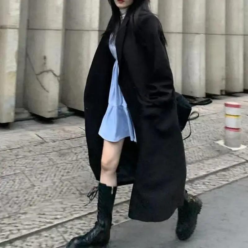 Длинное черное пальто-куртка женское, ветровка женская, костюм средней длины женский, женский костюм высокого класса