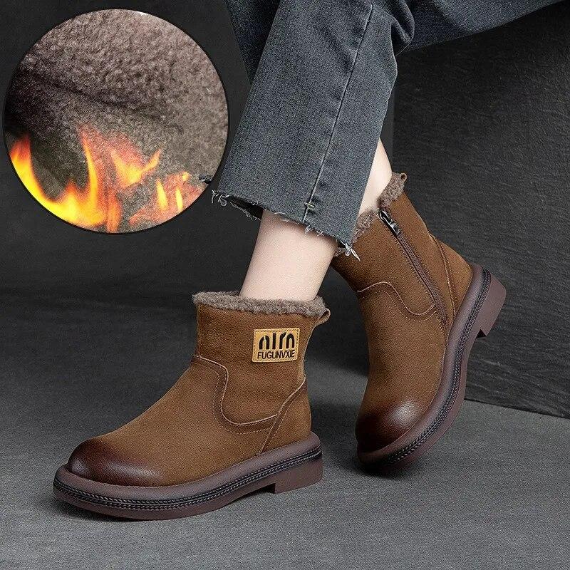 Johnature Winter Plush Warm Short Boots Retro Comfortable Genuine Leather Solid Color Versatile Women's Shoes
