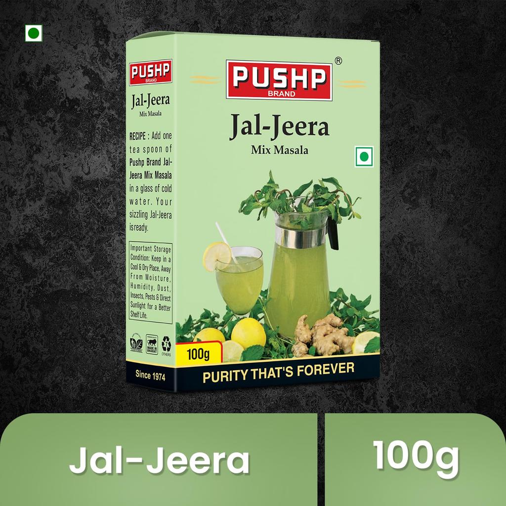 Pushp Jal Jeera Powder Authentic Indian Spice Mix Refreshing Summer Drink Tangy Cumin Mint Blend Flavor Enhancer 100g Box