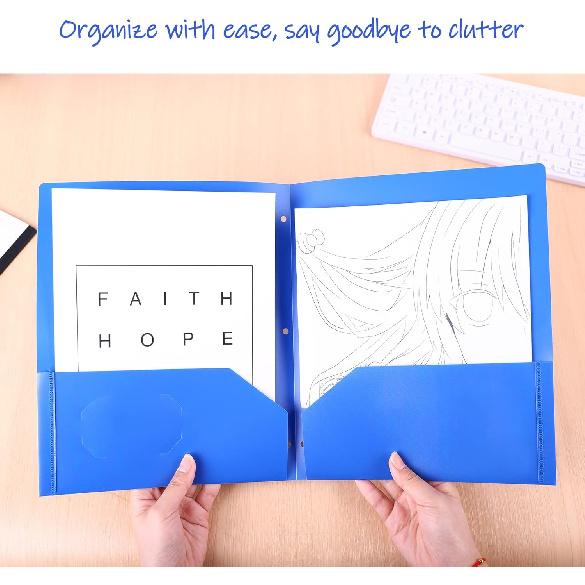 Feosky Folders with Pockets, 6 Assorted Colors Plastic Two Pocket Folders, File Folder, 2 Pockets Folder and 3 Hole for School, Home, and Office