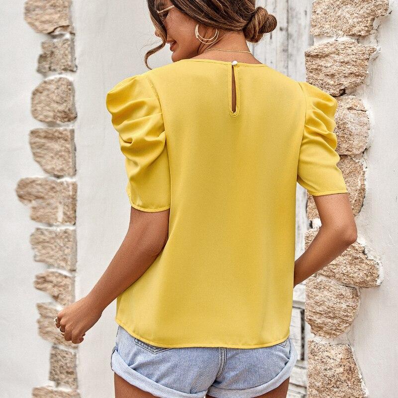 Летняя женская одежда 2023, модная элегантная офисная женская шифоновая блузка, однотонные тонкие топы с пышными рукавами и v-образным вырезом, Blusas 24766