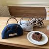 Retro  Cute Niche Semi-round Leather Strap Handbag Zipper Storage Bag Student Denim Top-Handle Bags