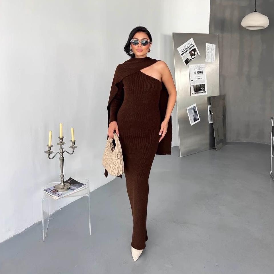 Autumn 2025 Women's One-Shoulder Knit Sweater Dress Shawl - Loose & Versatile Fashion Style
