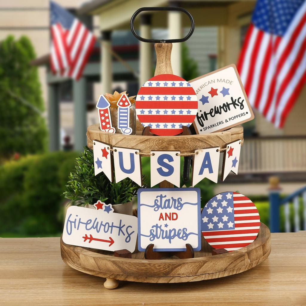 Tiered Tray Decor Wooden Patriotic Table Decor For Independence Day Party Supplies