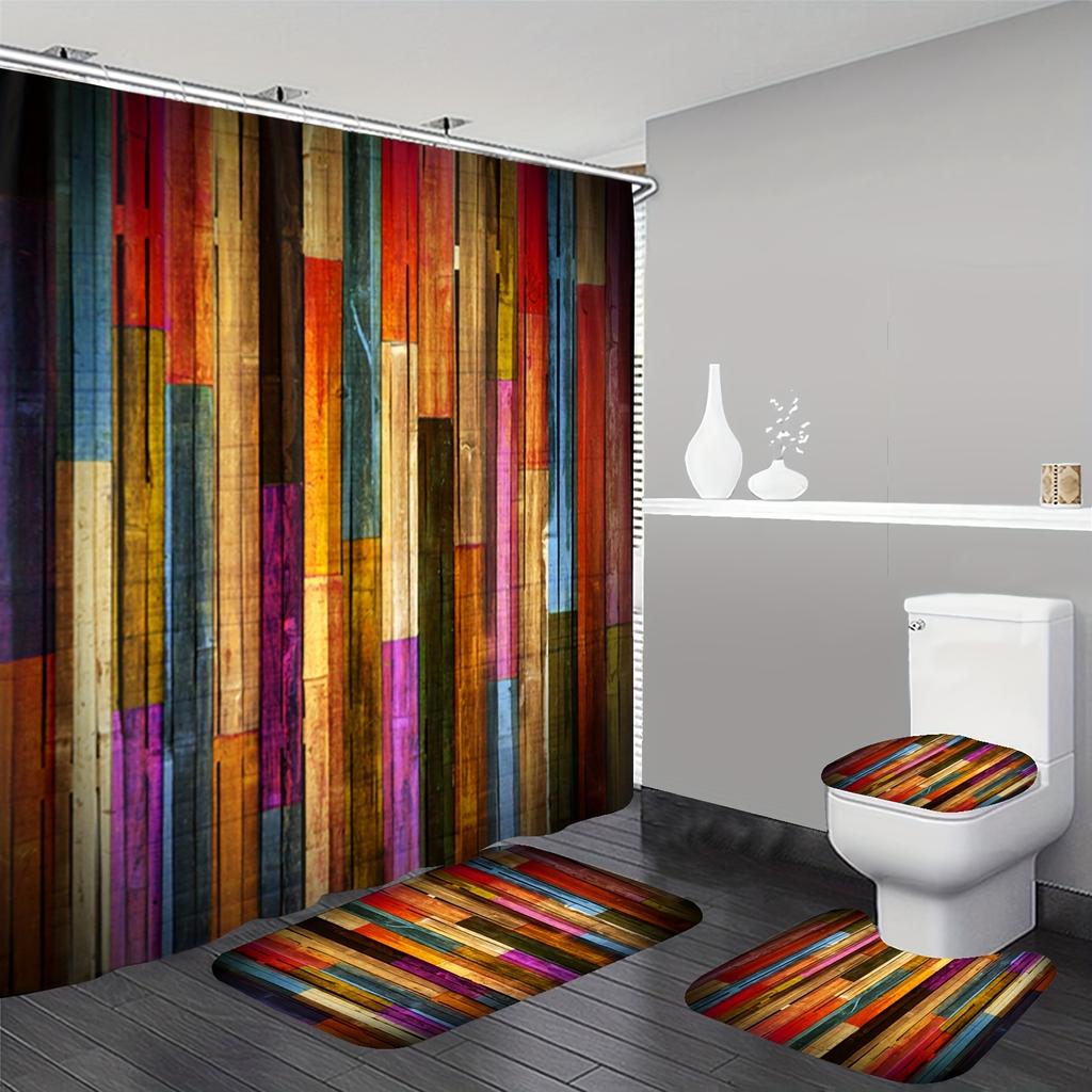 4 шт. Радужная занавеска для душа под дерево с 12 крючками Нескользящий коврик для ванной комнаты Полный набор декора для ванной комнаты с накладкой на крышку унитаза и ковриком U-образной формы