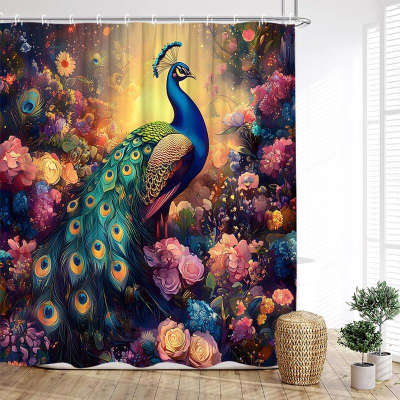 Blue Peacocks Shower Curtains Forest Trees Plants Flowers Waterfall Scenery Polyester Fabric Bathroom Curtain Decor With Hooks