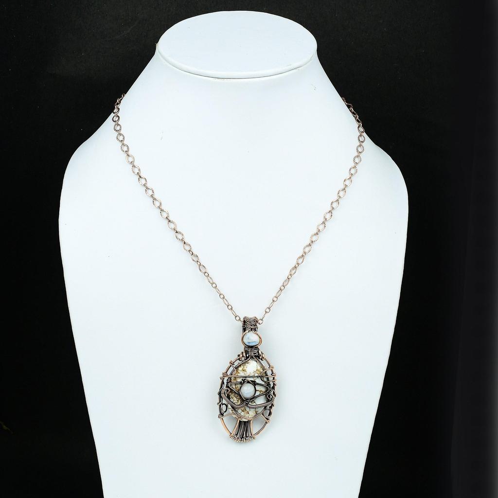 Кулон Медный с Магнезитом Дикая Лошадь Глаз Фатимы Драгоценный камень Медная Оплетка Ювелирные изделия Ручной работы Дизайнерский Кулон Радужный Лунный камень Кулон Глаз Фатимы