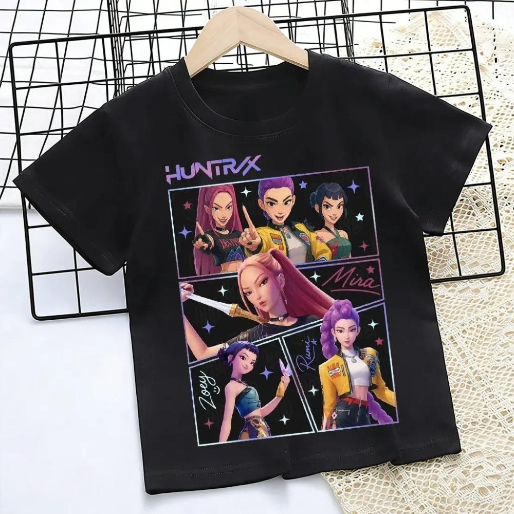 Детская футболка HUNTR/X Охотники на демонов K-pop, Унисекс, с графическим принтом виртуальной айдол-группы, Повседневная футболка с коротким рукавом, 100% хлопок, для детей