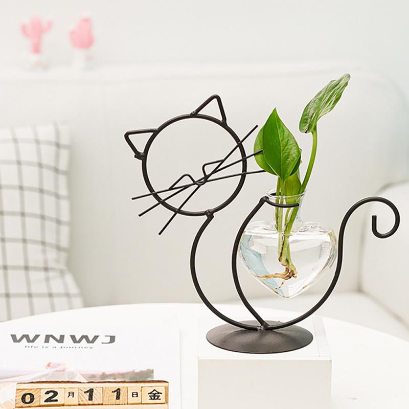 Hydroponic Glass Heart Vase With Metal Holder Hand Welded High Temperature Baking Paint Lovely Cat Shape Cute And Dynamic