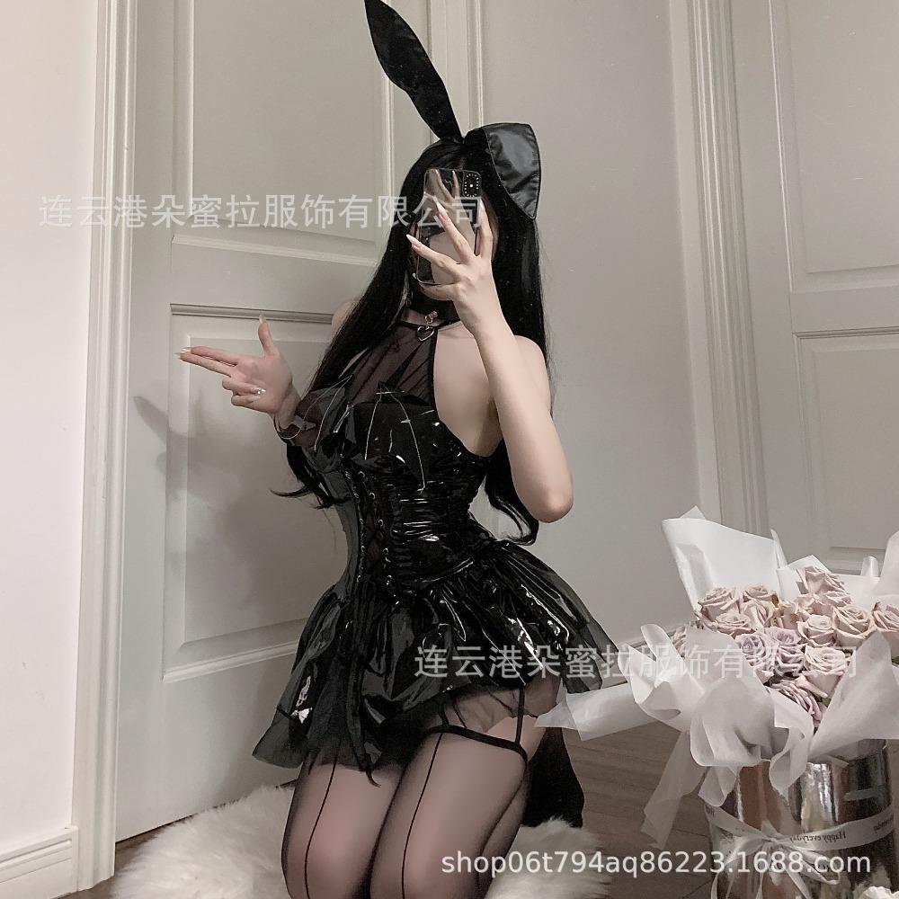 Domila's New Sexy Underwear Glossy PU Neck Strap Bat Little Devil Perspective Skirt Set F301