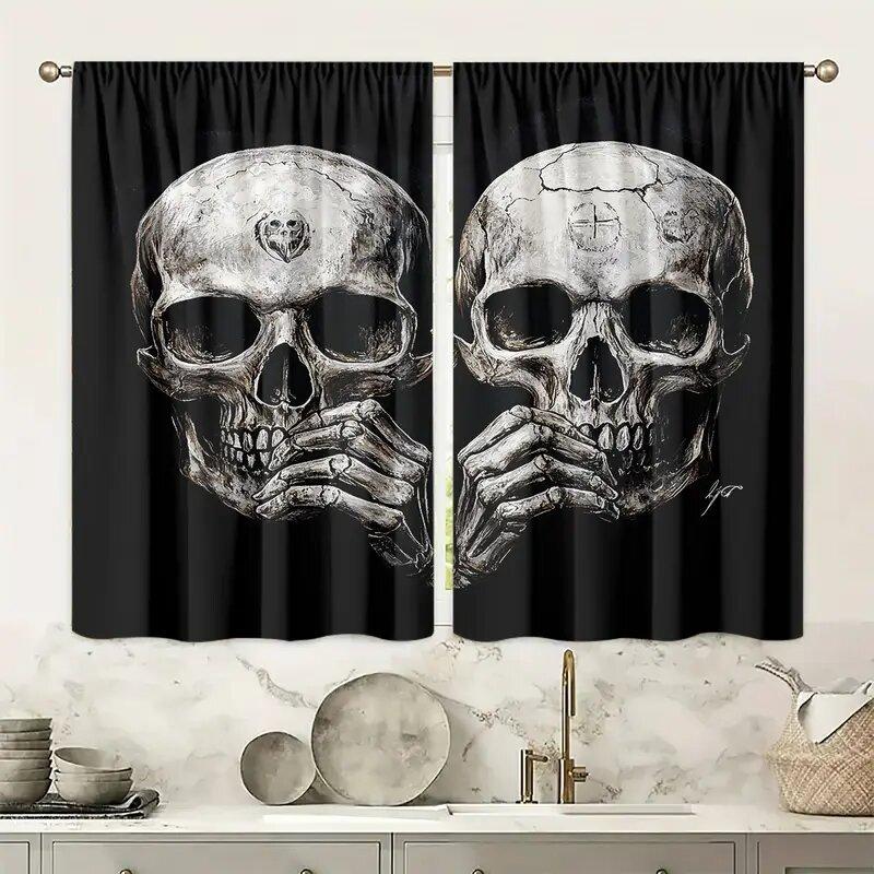 2 Pieces of High-definition Digital Black Skull Print Curtains, Pole Bag Home Decoration, Room Decoration
