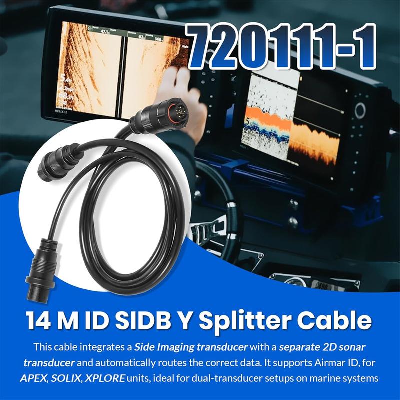 14 M ID SIDB Y Splitter Cable 720111-1 for Humminbird SOLIX/APEX/XPLORE Fish Finders, Connects Side Imaging & 2D Transducers