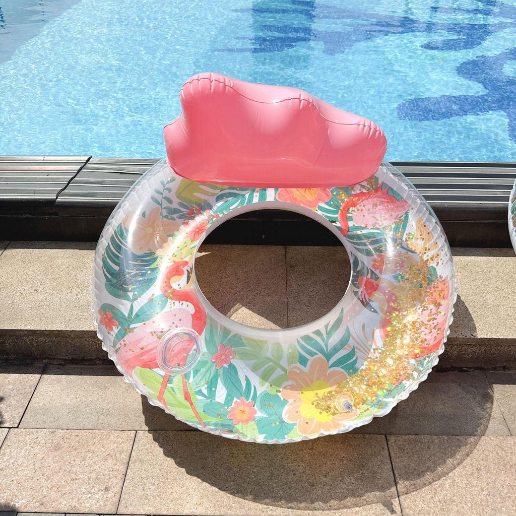Плавательный круг со спинкой в виде фламинго с пайетками большого размера, с подстаканником и ручками