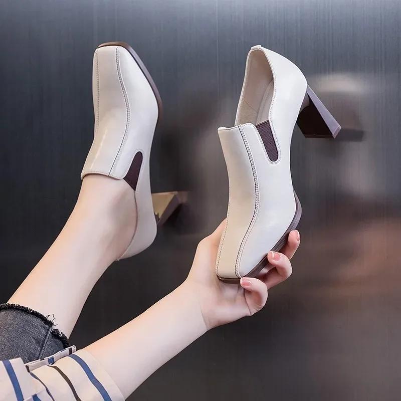 Botas Femininas Женская мода квадратный носок толстые высокие каблуки ботильоны женские повседневные кожаные осенние короткие ботинки Botas De Mujer