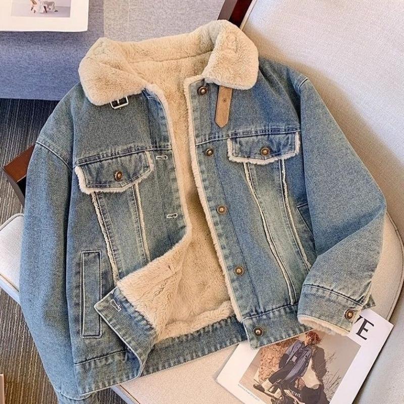 Зимняя винтажная джинсовая куртка с флисовой подкладкой, женская модная хлопковая подбитая куртка, повседневный темперамент в корейском стиле, ретро-куртка, пальто