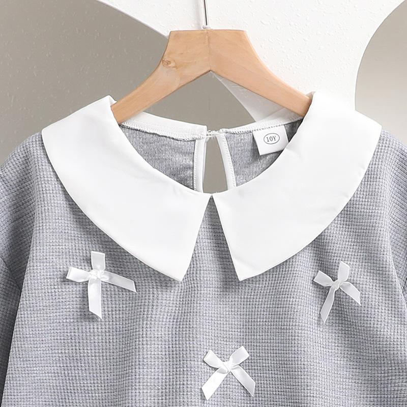 Костюм для девочек 2025 года, осенний детский бант, милый детский воротник, длинный рукав, толстовка, плиссированная короткая юбка