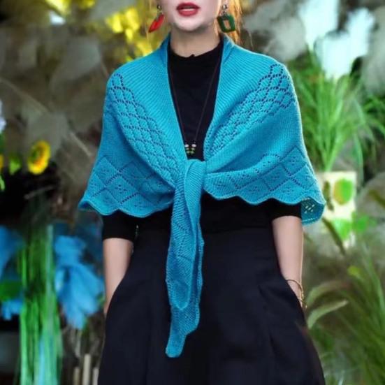 Women Knitting Shawl Solid Color Fringe Design Lightweight Versatile Hollow Shawl Open Knitted Pattern Shawl Wrap