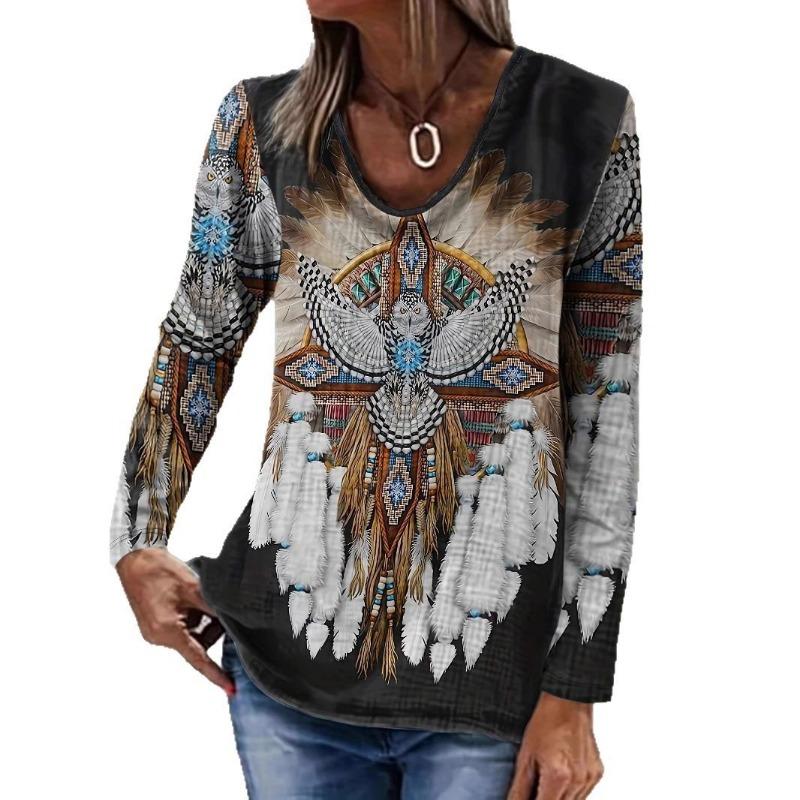 Женская футболка с длинным рукавом и круглым вырезом в винтажном стиле