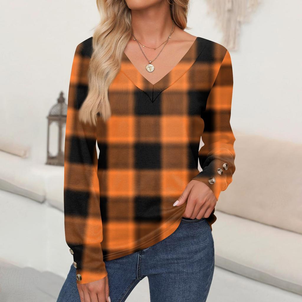 Женские топы с принтом на Хэллоуин, рубашка с длинным рукавом, V-образный вырез, повседневная свободная футболка, осенняя одежда