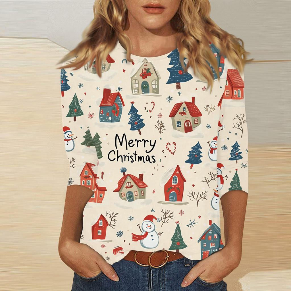 Women's Fashion Casual Three-quarter Sleeve Christmas Printed Round Neck Pullover Top
