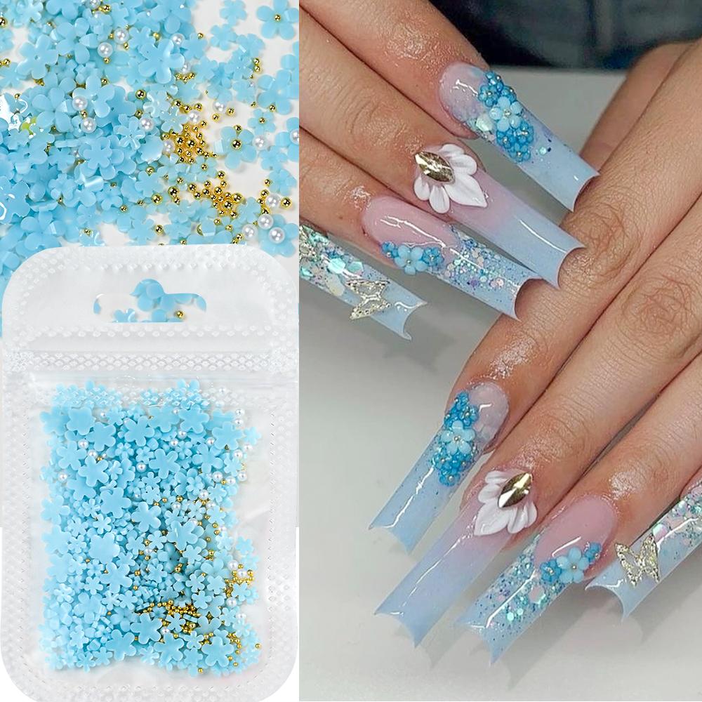 3D White Acrylic Flower Nail Art Decorations Mix Gold/Peal Beads 5G/Bag Resin Blossom Flower Nail Charms 4/6Mm Nail Accessories
