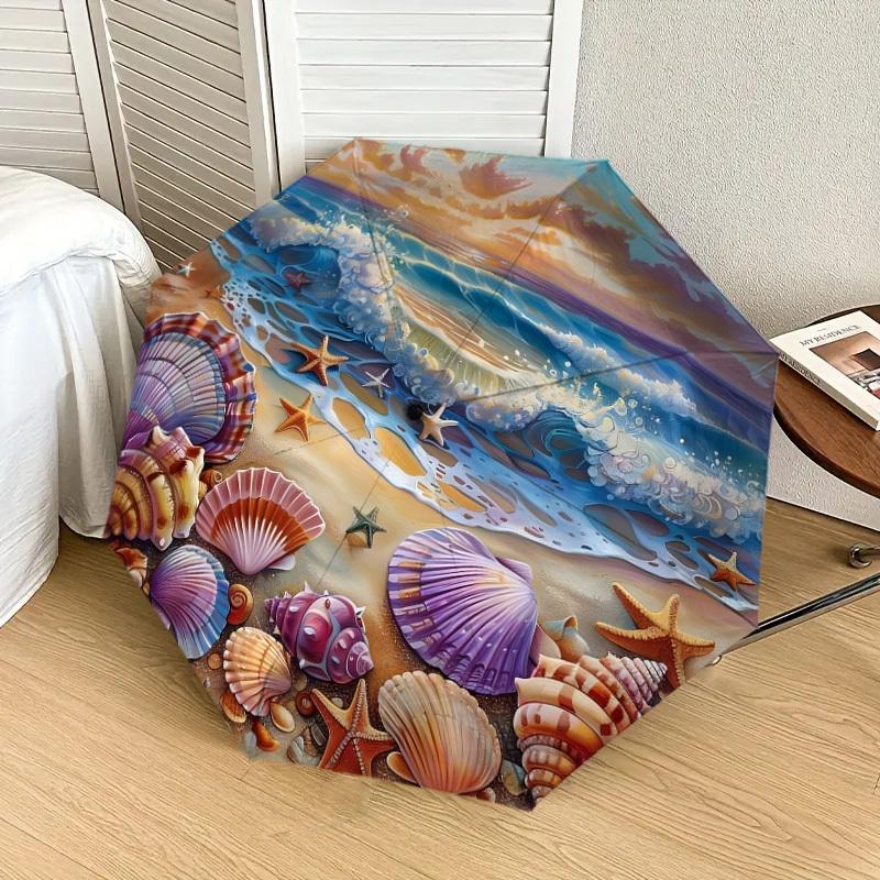 1pc Seashells and Starfish Beach Scene Umbrella with Plastic Handle,Suitable for All Seasons Home Travel Outdoor UmbrellaDD1461