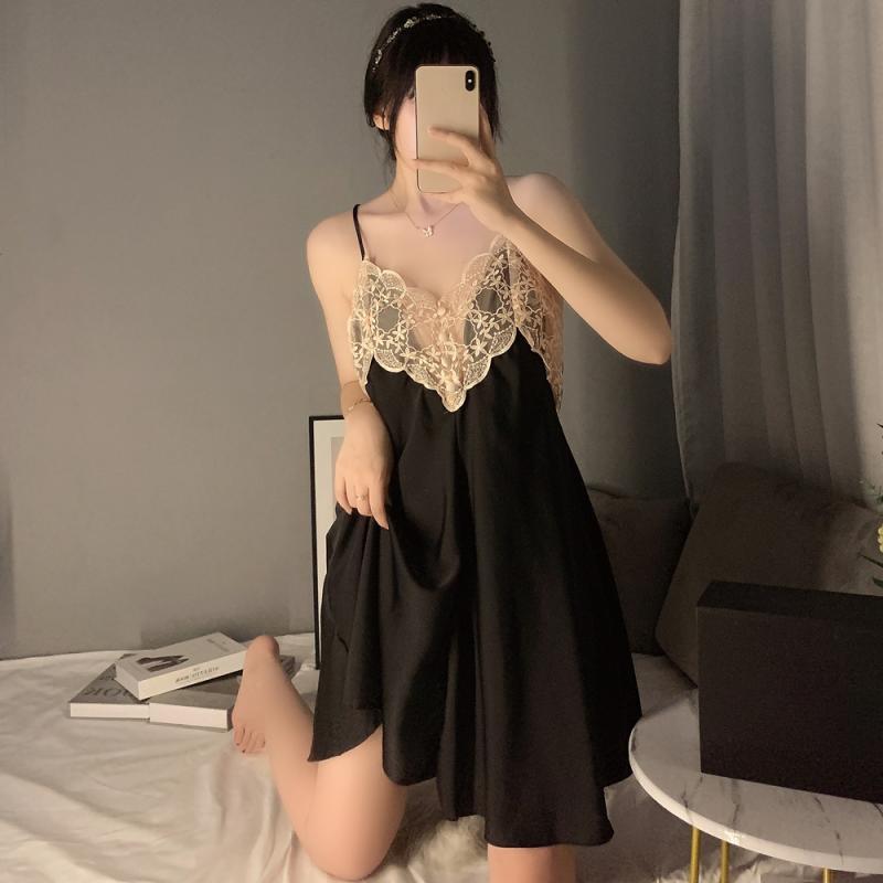 Nightgowns Women's Summer Suspenders Ice Silk Nightdress Thin Home Pajamas Loose Slim Sexy Lace Sleepwear